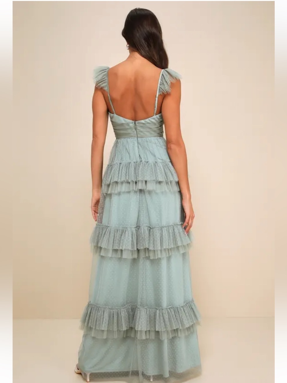 NWT Lulus Pure Radiance Sage Brush Mesh Swiss Dot Tiered Maxi Dress - Picture 6 of 10